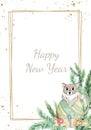 Watercolor Christmas banner with fir branches and cute mouse. Design happy New Year illustration for greeting cards, frames, invi