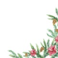 Watercolor Christmas banner with green fir branches, fir cones and flowers. Design illustration for greeting cards, frames, invita