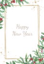 Watercolor Christmas banner with winter branches and red berries. Design happy New Year illustration for greeting cards, frames