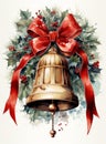 Watercolor christmas bell with holly and red ribbon, classical motifs and themes. Christmas bell illustration.