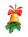 Watercolor Christmas bell. Jingle bells, winter gold bell with red bow and fir tree branche.