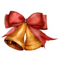 Watercolor Christmas bells with red ribbon. Hand painted traditional gold bells with bow isolated on white background