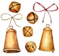 Watercolor Christmas bells set. Hand painted golden bells with ribbons isolated on white background. Holiday symbol