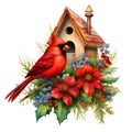 Watercolor Christmas Birdhouse with red cardinal isolated on white background