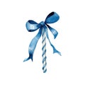 Watercolor christmas blue lollipop and bow on white background