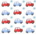 Watercolor christmas blue red car pattern background with snowflakes