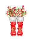 Watercolor christmas boots with christmas decorations, Pine tree and gifts inside rain boot. Hand drawn illustration