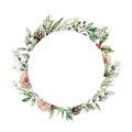 Watercolor Christmas Border With Flowers And Plant Decor. Hand Painted Fir Wreath With Roses, Cones, Branches, Berries