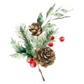 Watercolor Christmas bouquet of branches with leaves, pine cone and red berries. Hand painted holiday composition of