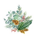 Watercolor Christmas bouquet with fir branches, leaves, pine cone, red barries. Winter greenery banner  for christmas card Royalty Free Stock Photo