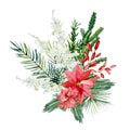 Watercolor Christmas bouquet with fir branches, poinsettia, red barries, pampas grass. Winter floral greenery banner Royalty Free Stock Photo