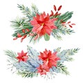 Watercolor Christmas bouquet with fir branches, poinsettia, red barries, wild flower. Winter floral greenery banner for christmas