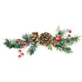 Watercolor Christmas bouquet of pine cone, red berries, branches and leaves. Hand painted holiday composition of plants