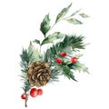 Watercolor Christmas bouquet of pine cone, red berries and branches with leaves. Hand painted holiday composition of