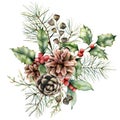 Watercolor Christmas bouquet with pine cones and holly. Hand painted holiday flower, seeds and berries isolated on white