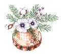 Watercolor Christmas bouquet of pine needles, anemone, berry, cotton flower in a vase