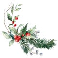 Watercolor Christmas bouquet of red berries, pine branch and leaves. Hand painted holiday composition of flowers and
