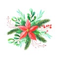 Watercolor Christmas bouquet with red poinsettia flowers, Holly,leaves,berries,pine,spruce,green twigs on white Royalty Free Stock Photo