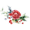 Watercolor Christmas bouquet of red rose, bud, berries and leaves. Hand painted holiday composition of flowers and