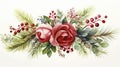 Watercolor Christmas bouquet with red roses, fir branches and berries. Hand painted illustration. Generative AI Royalty Free Stock Photo