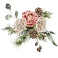 Watercolor Christmas bouquet of roses, pine cones and branches. Hand painted holiday card of alder berries and leaves