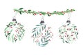 Watercolor Christmas branch with baubles with leaves and winter berries