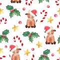 Watercolor christmas bull in santa hat seamless pattern on white background