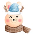 Watercolor christmas bunny head clipart with blue beanie hat and brown scarf