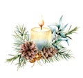 Watercolor Christmas candle with holiday decor. Hand painted floral composition with eucalyptus leaves, bells, pine