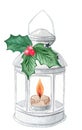 Watercolor christmas candle lantern with holly leaves decoration isolated on white background Royalty Free Stock Photo