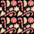 Watercolor Christmas candy cane ginger biscuits seamless pattern