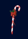 Watercolor christmas candy cane with red ribbon