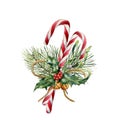 Watercolor Christmas Canes with decor. Hand painted traditional candy with christmas plant: holly, mistletoe, bells