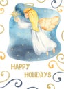 Christmas card with watercolor angel and golden star on the dark blue nigth sky Royalty Free Stock Photo