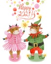 Watercolor christmas card with cute cow girl in pink fairy costume and bull boy in green elf Santaclaus costume. Hand-drawn