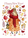 Watercolor Christmas card with a mouse girl in a yellow coat and a red bow on the ear.