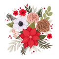 Watercolor Christmas card with poinsettia, green branches, cotton, red berries, eucalyptus, anemone. Winter bouquet. Perfect for