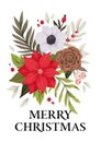 Watercolor Christmas card with poinsettia, green branches, cotton, red berries, eucalyptus. Winter poster with lettering - Merry