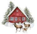 Watercolor Christmas card with red house and deers in winter forest. Hand painted illustration with fir trees and snow Royalty Free Stock Photo