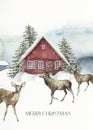 Watercolor Christmas card of red house and deers in winter forest. Hand painted illustration with fir trees and snow Royalty Free Stock Photo