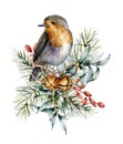 Watercolor Christmas card with robin, bells and winter design. Hand painted bird with eucalyptus leaves, golden bells