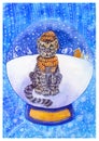 Watercolor christmas card with snow leopard in a hat and scarf