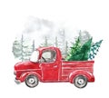 Watercolor Christmas card template with hand painted abstract retro truck and fir pine trees. Winter snowy forest illustration Royalty Free Stock Photo