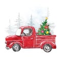 Watercolor Christmas card template with hand painted abstract retro truck and fir tree. Winter snowy forest illustration