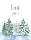 Watercolor Christmas card. Winter landscape with pine trees forest a snow, hand-painted illustration on white background Royalty Free Stock Photo