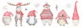 Watercolor Christmas cartoon characters dwarf, elk, penguin, bear, owl Hand drawn winter animals illustration