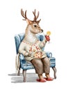 Watercolor Christmas cartoon deer in clothes eat and drink in armchair