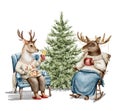 Watercolor Christmas cartoon deer and moose in clothes eat and drink in armchair near the Christmas tree