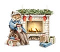 Watercolor Christmas cartoon fox in clothes knits Christmas socks near the fireplace Royalty Free Stock Photo