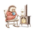 Watercolor Christmas cartoon hedgehog in knitted blanket drink tea in armchair warming by the fireplace